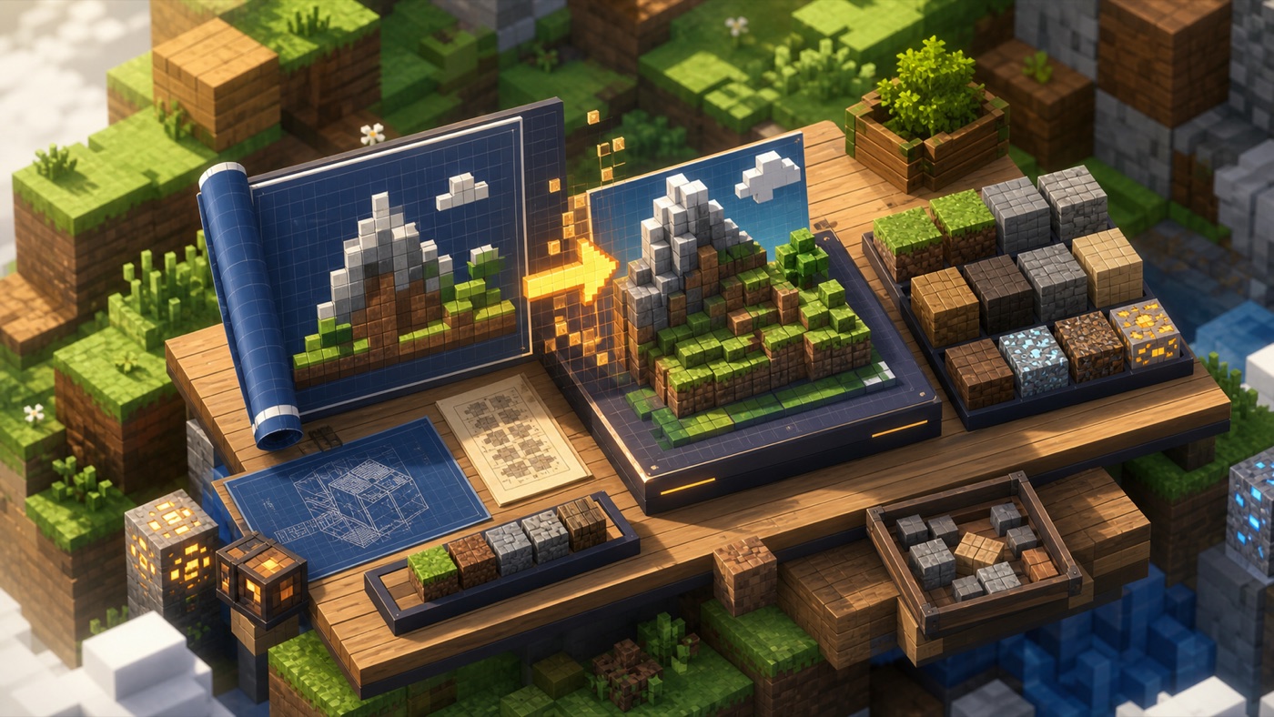 Voxel builder workbench showing a blueprint converted into block art with material swatches
